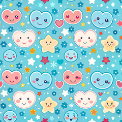 Seamless pastel blue pattern with hearts and stars