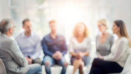 "Mental Health Group Session: Soft Blur Background" - A circle of individuals in a support group, with the background softly blurred to highlight the interaction.
