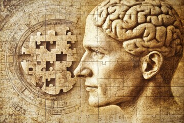Vintage Illustration of a Man with Puzzle Pieces and Brain: Exploring Cognitive Processes Memory and the Historical Perspective on Human Thought