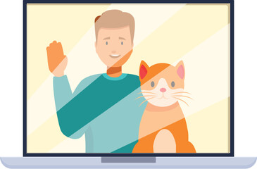 Young man waving with his cat on a video call on laptop screen