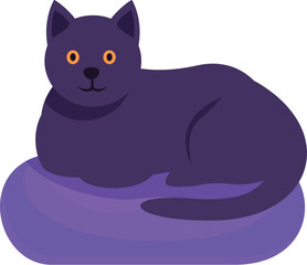 Black cat with bright orange eyes lying comfortably on a purple pillow