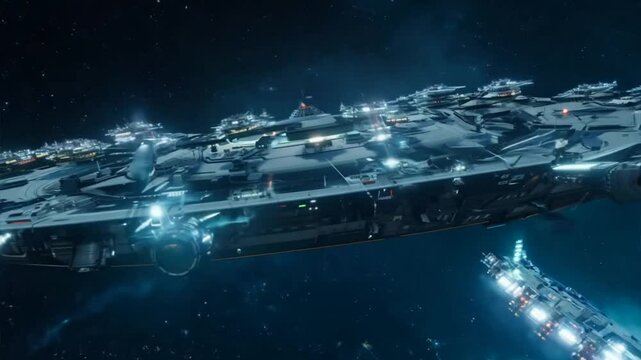 Spaceship Fleet Led by Command Ship in Deep Space With Distant Planet in Background, Highlighting Advanced Technology and Galactic Warfare in a Futuristic Universe
