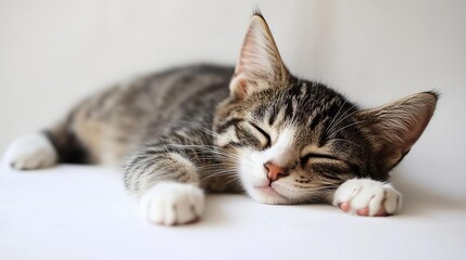 Cute cat sleeping, adorable and relaxed. On white isolated background.