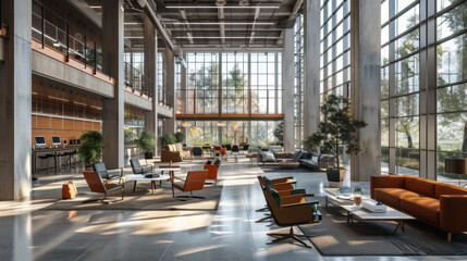 Modern open-plan office interior with large windows and comfortable seating area