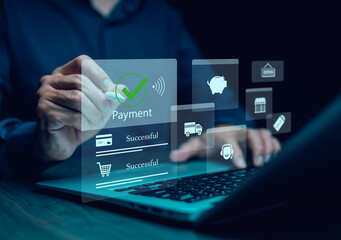 Online payment with digital marketing, Businessman touch banking online bill payment Approved concept button, credit card and network connection icon on business technology virtual screen background
