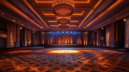 Spacious Event Hall with a Stage Adorned with Soft Lighting and Patterned Carpet