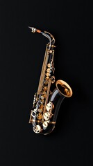 Elegant Saxophone on Black Background with Shiny Gold Details Emphasizing Musical Instruments