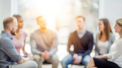 "Mental Health Support Circle: Out-of-Focus Background" - Individuals in a group therapy session, with a background that is gently out of focus.
