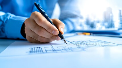 Architect Designing Building Plans with Pen on Blueprint