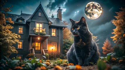 Black Cat Sitting in Front of Spooky Haunted House with Full Moon

