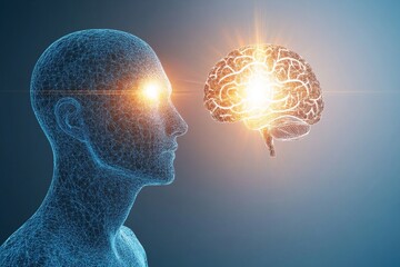 Obraz premium Abstract Illustration of Two Figures with Glowing Brains: Exploring Cognitive Connection Thought Processes and the Interplay Between Intellect and Emotion