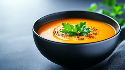 Delicious Creamy Pumpkin Soup in Black Bowl with Parsley Garnish