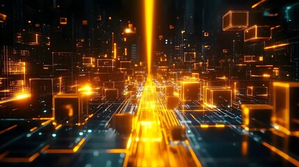Fototapeta premium Futuristic Digital Path with Yellow Laser Beam, Abstract Cubes Glow Effect