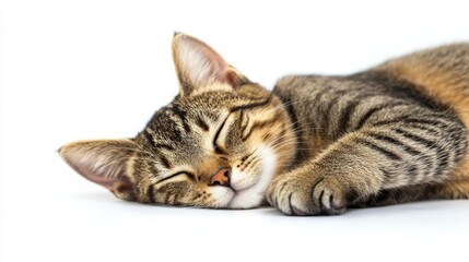 Cute cat sleeping, adorable and relaxed. On white isolated background.