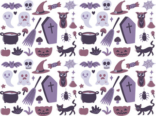 cute vector, flat illustration style of purple Halloween event day, seamless pattern for wallpaper design