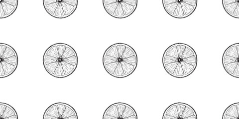 Round Lemon Slices. Hand drawn Sketch vector illustration. Seamless pattern of black ink outline of citrus fruit. Background for menu, package, cosmetic, textile