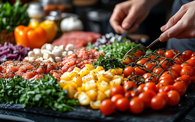 Caterer Crafting Healthy Gourmet Meal: Banner with Copy Space