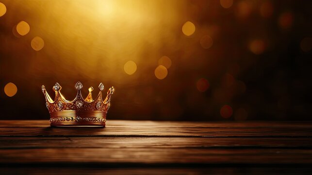 A regal crown resting on a wooden table with a shimmering golden background, ideal for themes of royalty and elegance.