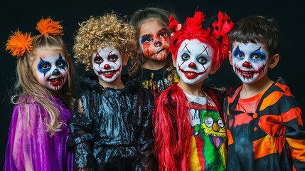 Obraz premium Spooky Halloween School Party with Children in Costume as Clown and Zombie Characters