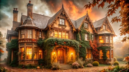 Fototapeta premium Gothic Mansion with Autumn Leaves and Overgrown Ivy 