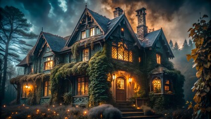 Haunted Victorian House in Misty Forest with Glowing Windows
