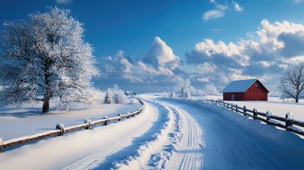 A serene winter landscape showcasing snow-covered road, red barn, and a frosty tree under a bright blue sky.