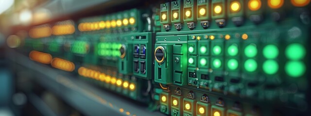 Wires and Circuit Breakers: green electrical wires connected to circuit breakers in a residential fuse box, demonstrating household electrical safety.
