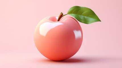 A vibrant, glossy peach resting on a soft pink background, showcasing its smooth surface and fresh green leaf.