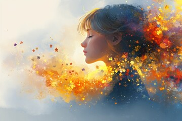 Digital Portrait of a Woman with a Glowing Brain in a Dreamlike Setting: Exploring Cognitive Thought Imagination and the Intersection of Reality and Fantasy