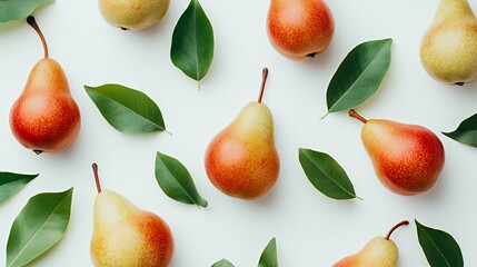 Obraz premium A flat lay of pears and green leaves on a light background.