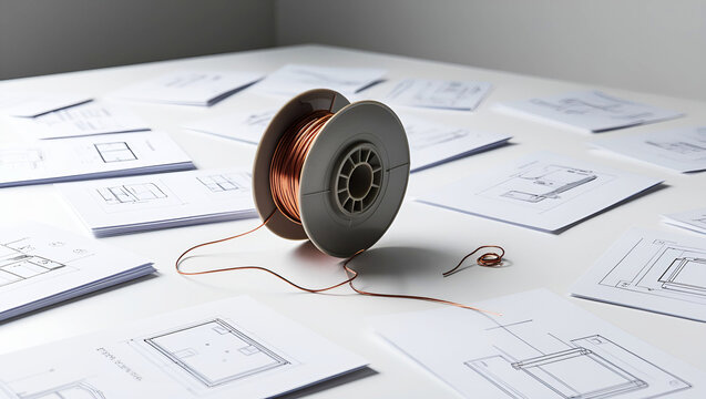 Industrial design concept sketches scattered with a plastic spool, cinematic photograph highlighting modern minimalism and clean lines