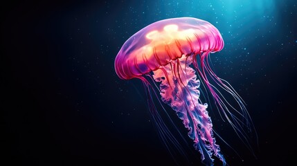 A vibrant jellyfish glides gracefully through the deep ocean, showcasing its mesmerizing colors and delicate tentacles.