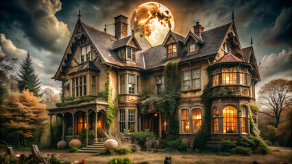 Haunted Mansion with Full Moon in Spooky Atmosphere


