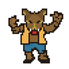 Fototapeta premium ハロウィン用の8ビットのピクセルアート、デフォルメされた狼男、モンスターのアイコン、イラスト。