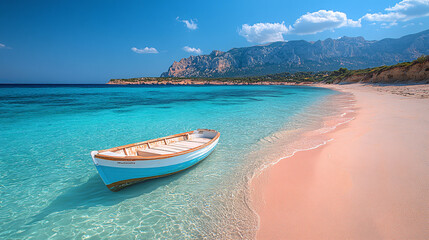 Obraz premium A wooden boat rests on a sandy beach, with the ocean in the background. The colors of the beach and the ocean are vibrant and inviting.
