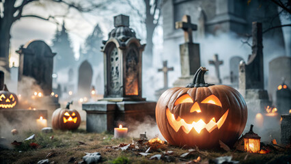 Halloween Jack-O’-Lantern in Spooky Cemetery with Candles and Fog

