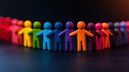 Colorful figurines representing unity and diversity, standing in a circle on a dark background, symbolizing community and inclusion.