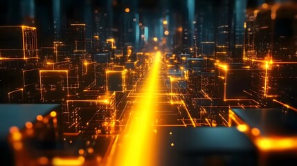 Fototapeta premium Sci-Fi Laser-Illuminated Digital Path with Glowing Cubes