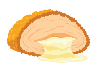 Fried chicken with cheese in roll. Crispy fried chicken piece isolated on white background. Beautiful delicious in cartoon style. Fresh fast food fry meat