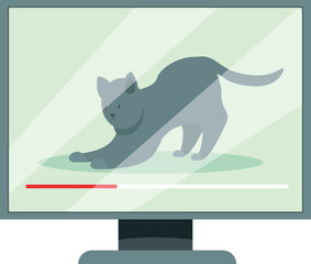 Gray cat is stretching on a computer monitor screen while a video is playing