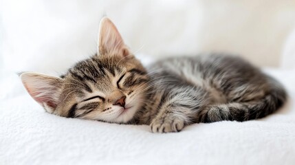 Cute cat sleeping, adorable and relaxed. On white isolated background.