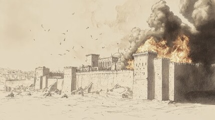 Fototapeta premium The Fall of Jerusalem and the Exile: Babylonian Forces Burn Homes and Palaces, Leaving Ruins, 2 Kings Biblical Art, Beige Background