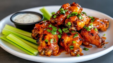 Deliciously spicy chicken wing platter served with celery sticks and creamy dipping sauce, perfect for appetizers or game day.