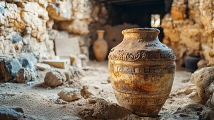 A Roman amphora vase, partially buried in sand, surrounded by ruins