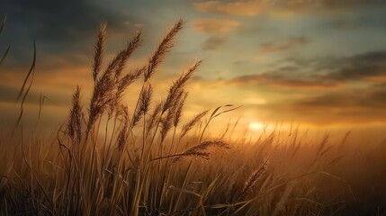 Naklejka premium A field of tall grass with the sun setting in the distance