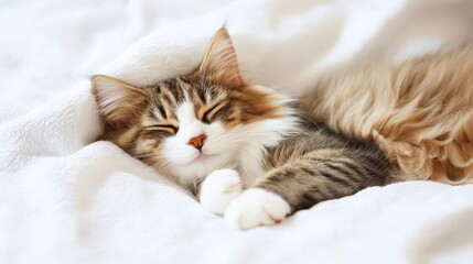 Cute cat sleeping, adorable and relaxed. On white isolated background.