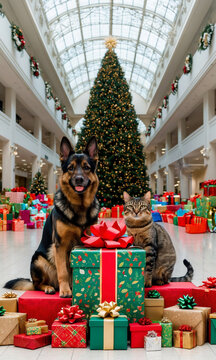shopping mall with christmas tree, a lot of gifts and german shepherd dog and tabby cat like christmas and pet concept 