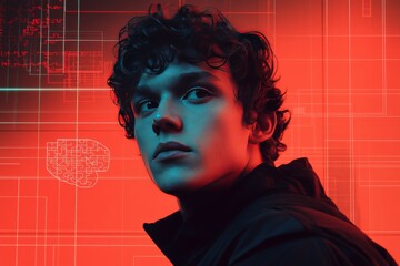 Digital Portrait of a Young Man with a Red Background and a Glowing Brain: Exploring Cognitive Thought Identity and the Intersection of Technology and Emotion