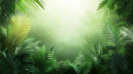 Lush Tropical Rainforest Background with Green Foliage and Soft Light