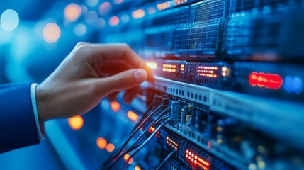 Hand Reaching for Server Rack with Red Lights in Data Center